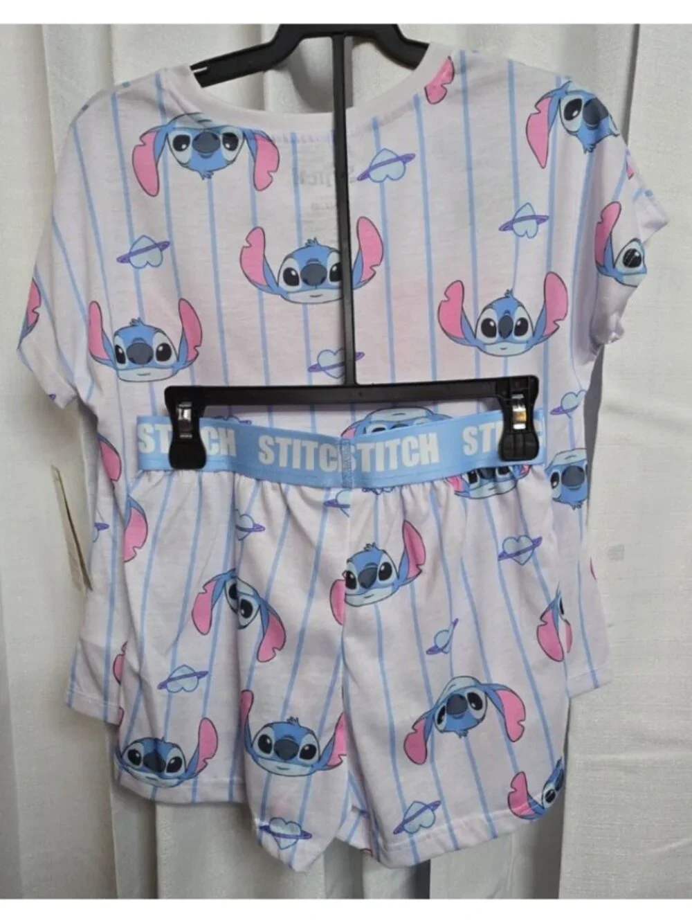 Stitch Girls Size Medium (7/8) Pajama Short Set Blue Striped Short-Sleeved